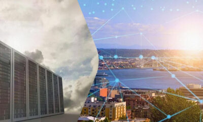 Data center servers on the left with a cloudy sky, transitioning to a cityscape with interconnected digital network lines on the right.