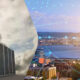 Data center servers on the left with a cloudy sky, transitioning to a cityscape with interconnected digital network lines on the right.