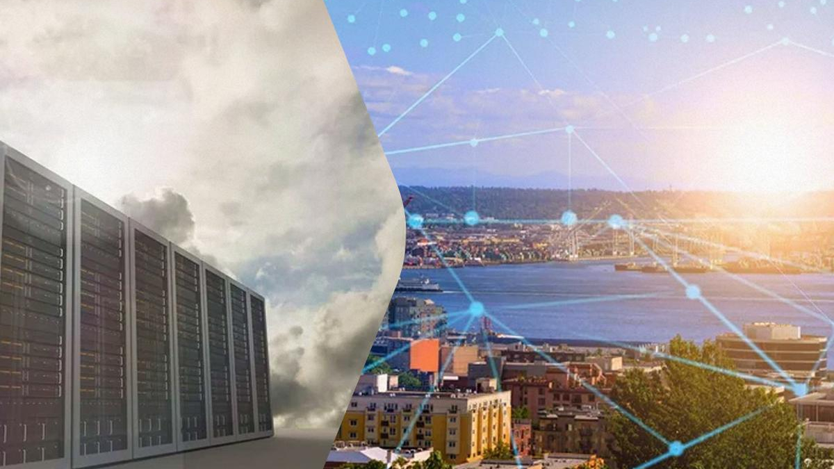 Data center servers on the left with a cloudy sky, transitioning to a cityscape with interconnected digital network lines on the right.