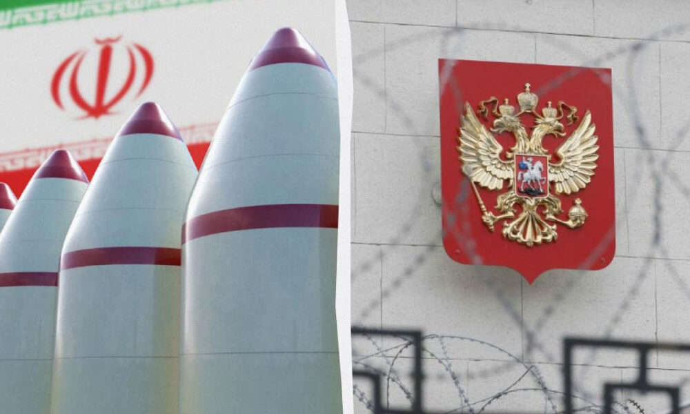 Split image showing Iranian ballistic missiles in the foreground with the Iranian flag in the background, and a wall-mounted Russian coat of arms with barbed wire in the foreground, suggesting geopolitical tension.