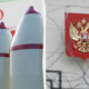 Split image showing Iranian ballistic missiles in the foreground with the Iranian flag in the background, and a wall-mounted Russian coat of arms with barbed wire in the foreground, suggesting geopolitical tension.
