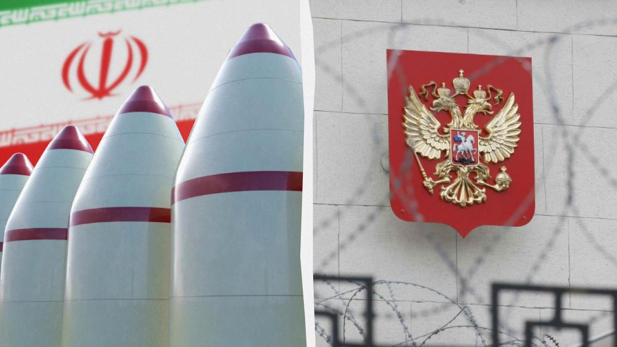 Split image showing Iranian ballistic missiles in the foreground with the Iranian flag in the background, and a wall-mounted Russian coat of arms with barbed wire in the foreground, suggesting geopolitical tension.