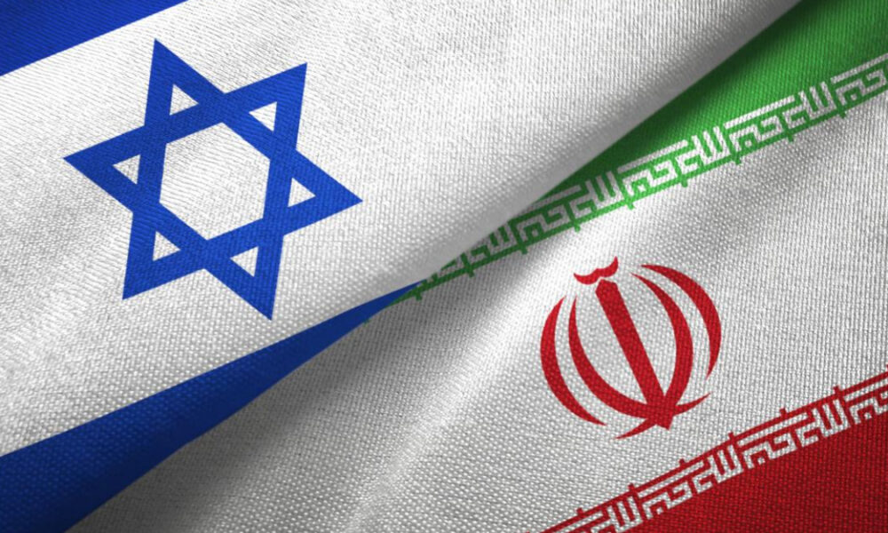 Overlapping flags of Israel and Iran: the blue Star of David on white with blue stripe beside Iran's green-white-red flag and emblem edge to edge.