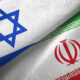 Overlapping flags of Israel and Iran: the blue Star of David on white with blue stripe beside Iran's green-white-red flag and emblem edge to edge.