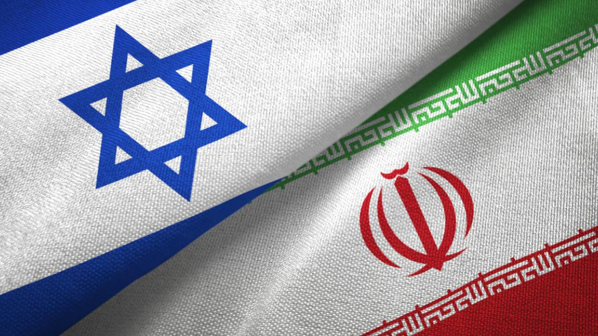 Overlapping flags of Israel and Iran: the blue Star of David on white with blue stripe beside Iran's green-white-red flag and emblem edge to edge.