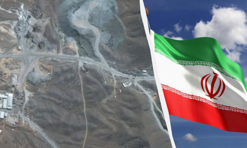 Split image: aerial view of a barren mountainous area with roads and buildings on the left, and a waving Iranian flag on the right.
