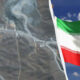 Split image: aerial view of a barren mountainous area with roads and buildings on the left, and a waving Iranian flag on the right.