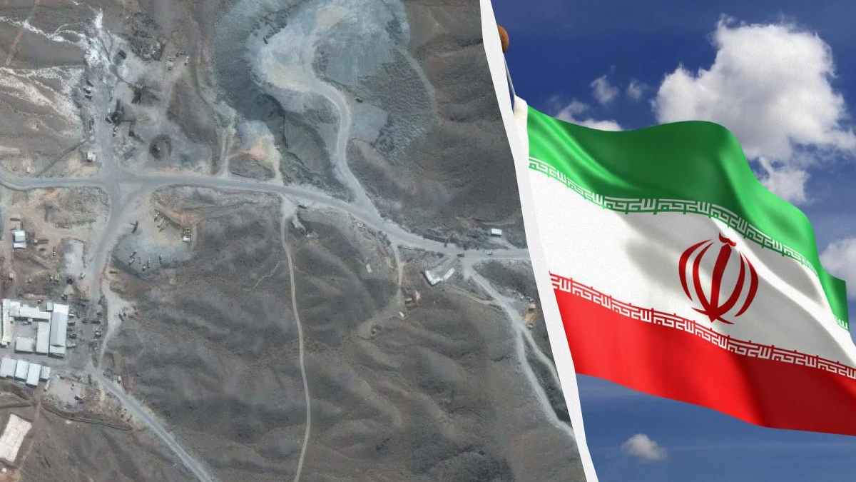 Split image: aerial view of a barren mountainous area with roads and buildings on the left, and a waving Iranian flag on the right.