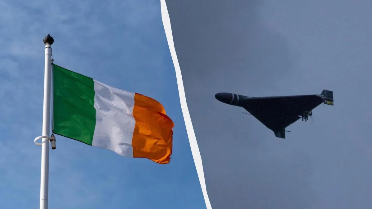 Irish flag waving on a flagpole on the left, a bomber jet in flight on the right, divided by a curved white line.