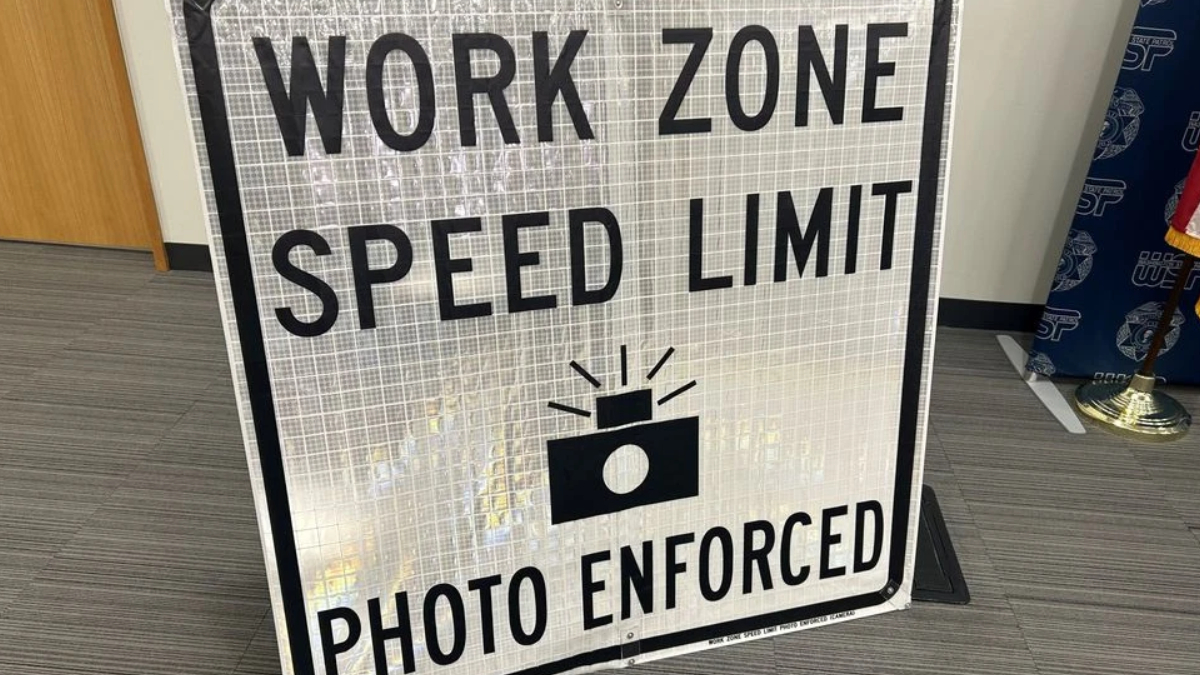 Work zone speed limit sign with camera icon and 'Photo Enforced' text.