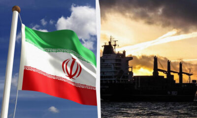 Iranian flag on the left with a white diagonal divider, and a cargo ship at sea on the right at sunset.