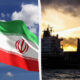 Iranian flag on the left with a white diagonal divider, and a cargo ship at sea on the right at sunset.