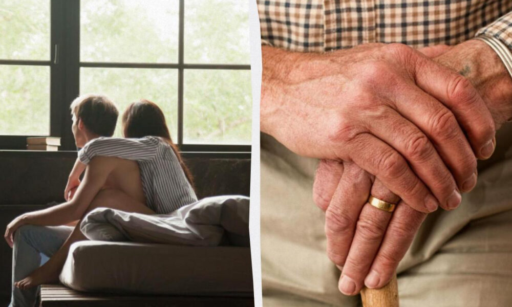 Young couple cuddles on a bed by a window on the left; a woman rests an arm around her partner. Right side shows an elderly person's clasped hands gripping a cane, with a wedding ring visible.