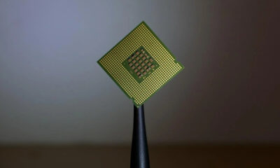 Close-up of a green square CPU with gold contact pins arranged in a grid, mounted on a black stand.