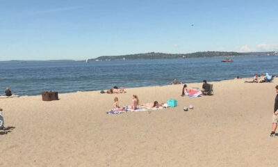 Busy sunny beach with people sunbathing on towels near the blue ocean. Boats visible in the distance.