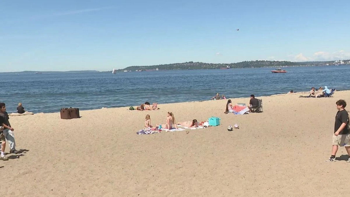 Busy sunny beach with people sunbathing on towels near the blue ocean. Boats visible in the distance.