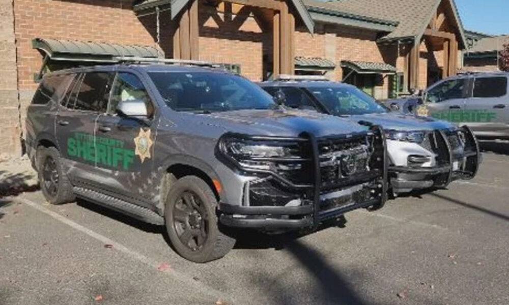 Two sheriff patrol SUVs with front-end damage parked in a lot outside brick buildings.