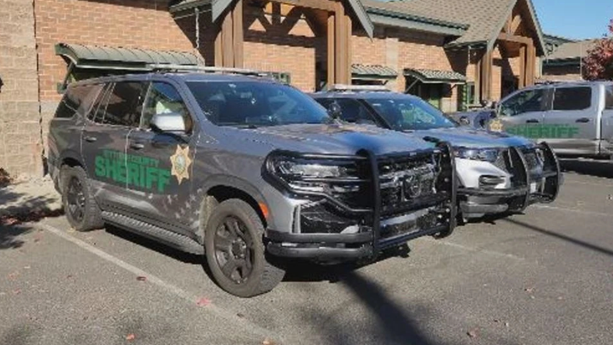 Two sheriff patrol SUVs with front-end damage parked in a lot outside brick buildings.