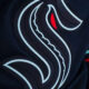 Close-up of a black garment with a stylized white serpentine logo and a red eye mark on the fabric edge.