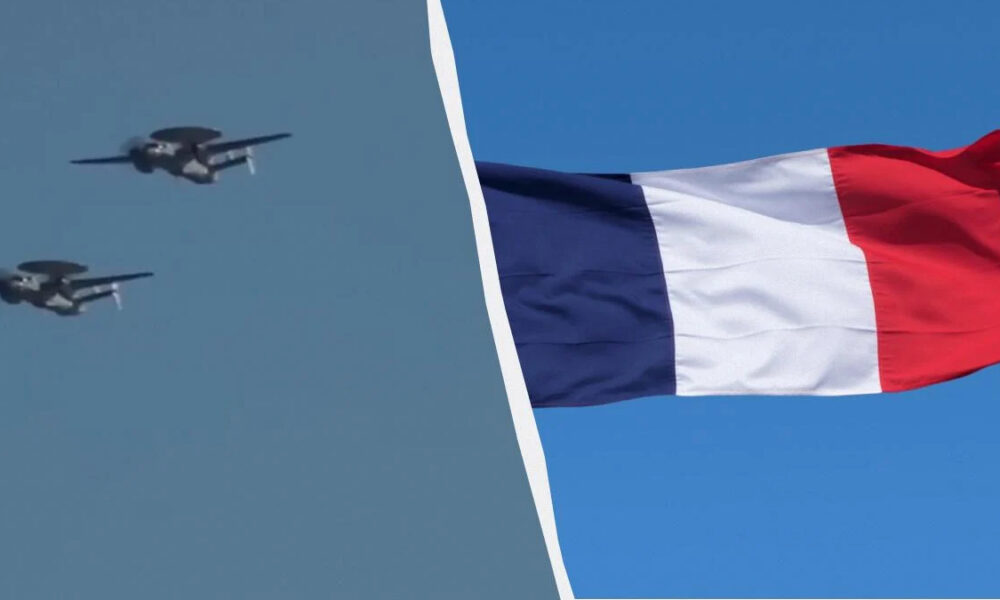 Split image: two fighter jets fly on the left, while the French flag waves on the right against a blue sky.