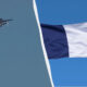 Split image: two fighter jets fly on the left, while the French flag waves on the right against a blue sky.