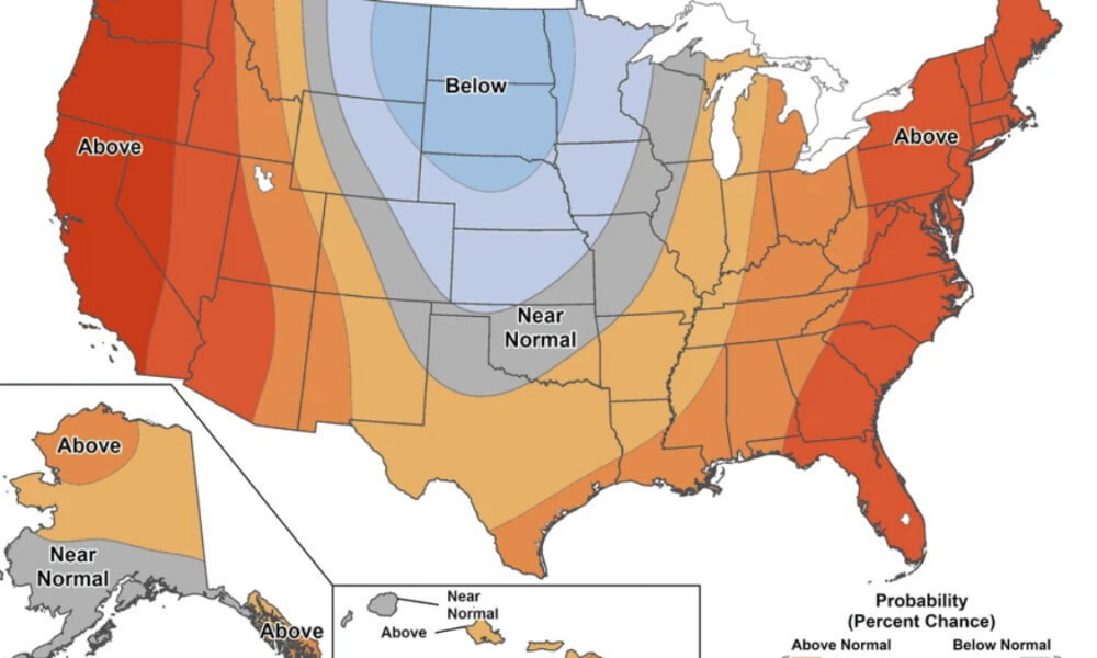 US weather map showing regional probability of above/near-normal/below-normal conditions with color gradient (red for above, blue for below, gray for near normal) and a legend in the bottom right. Alaska inset also labeled Above and Near Normal.
