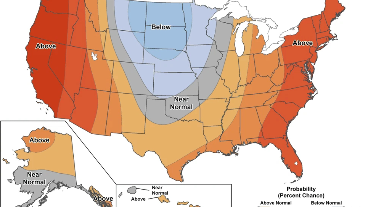US weather map showing regional probability of above/near-normal/below-normal conditions with color gradient (red for above, blue for below, gray for near normal) and a legend in the bottom right. Alaska inset also labeled Above and Near Normal.