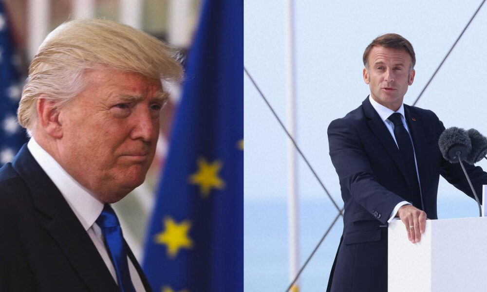 Side-by-side image of two suited men; left with light hair at a ceremony behind a flag, right at a podium giving a speech outdoors with microphones.