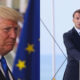 Side-by-side image of two suited men; left with light hair at a ceremony behind a flag, right at a podium giving a speech outdoors with microphones.