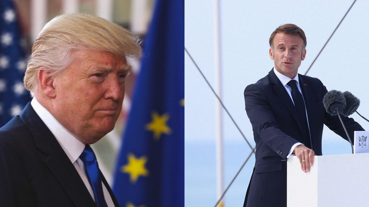 Side-by-side image of two suited men; left with light hair at a ceremony behind a flag, right at a podium giving a speech outdoors with microphones.