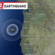 Offshore 5.5 magnitude earthquake near the Oregon coast, shown with concentric seismic rings on a Pacific map (Storm Tracker 2).