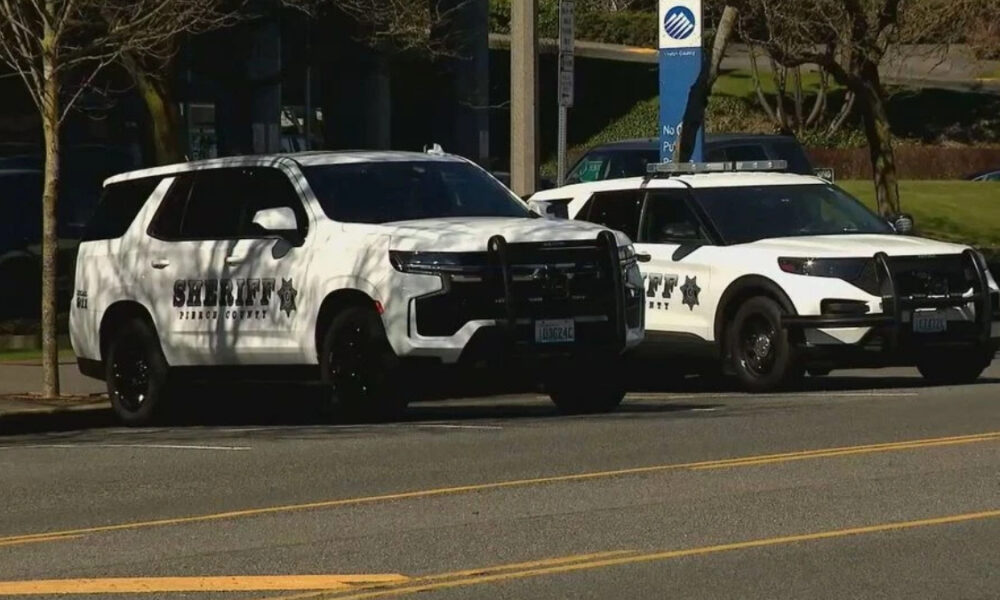 Two white sheriff patrol vehicles (SUV and sedan) parked along a street, with 'SHERIFF' markings and badge logos visible on the sides.