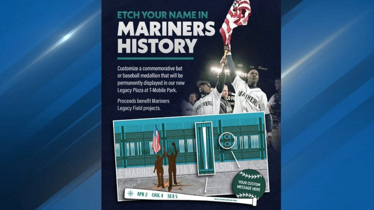 Poster promoting a customizable commemorative bat to etch your name in Mariners History; proceeds support Mariners Legacy Field projects.