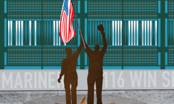 Two people in brown silhouettes raise an American flag on a podium in front of a teal stadium backdrop and banner text.