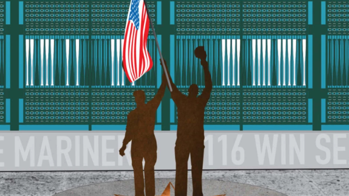 Two people in brown silhouettes raise an American flag on a podium in front of a teal stadium backdrop and banner text.