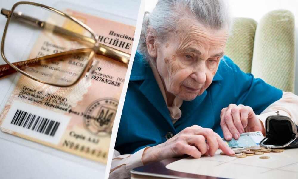 Split image: left shows a passport with reading glasses resting on it; right shows an elderly woman counting coins and money from a purse at a table.