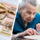 Split image: left shows a passport with reading glasses resting on it; right shows an elderly woman counting coins and money from a purse at a table.