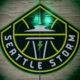 Seattle Storm team logo: a shield-shaped emblem with a green and yellow border, featuring a stylized flying saucer and a lightning bolt with 'Seattle Storm' text around the edge