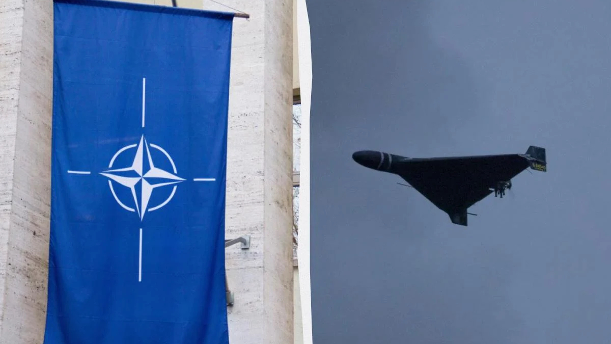 Blue banner displaying the NATO emblem (compass rose) hanging on a stone wall left side; right side shows a flying B-2 Spirit stealth bomber against a cloudy sky