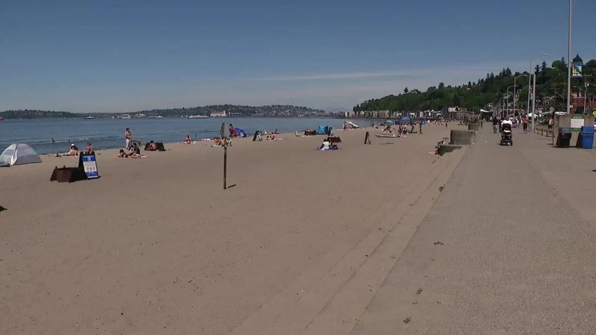 Sunlit sandy beach with people sunbathing along the shore and a paved promenade on the right side under a clear blue sky.