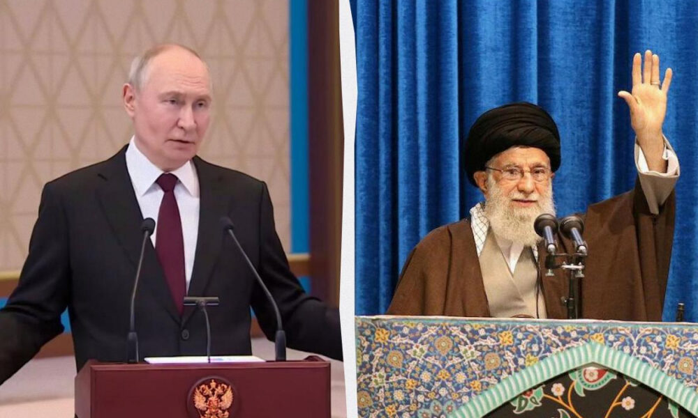 Split image of two world leaders giving speeches: left man in a dark suit at a podium with an emblem, right man wearing a black turban and brown robe raising his hand at a microphone behind blue curtains.