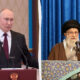 Split image of two world leaders giving speeches: left man in a dark suit at a podium with an emblem, right man wearing a black turban and brown robe raising his hand at a microphone behind blue curtains.