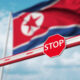 Barrier arm with a red STOP sign; blurred North Korea flag in the background.