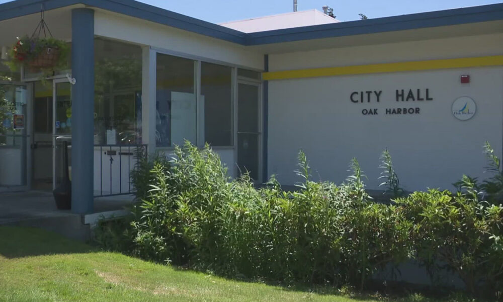 Exterior of City Hall Oak Harbor with glass doors and blue columns, surrounded by greenery in front.