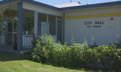 Exterior of City Hall Oak Harbor with glass doors and blue columns, surrounded by greenery in front.