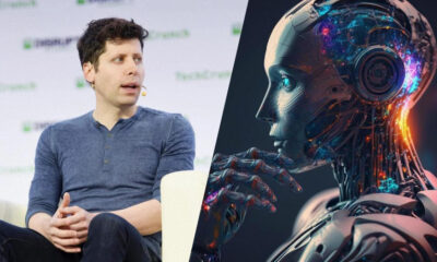 Man in a blue shirt on a panel on the left; a futuristic android with glowing circuitry on the right (split image).