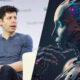 Man in a blue shirt on a panel on the left; a futuristic android with glowing circuitry on the right (split image).