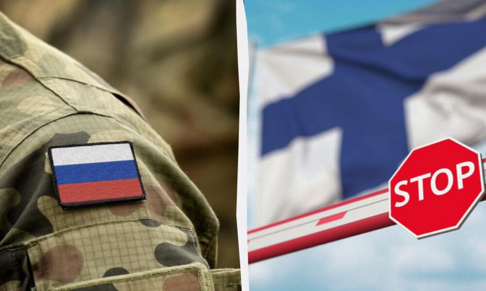 Split image: left shows a soldier's camouflage uniform with a Russian flag patch, right shows a red stop barrier with a blue/white flag in the background.
