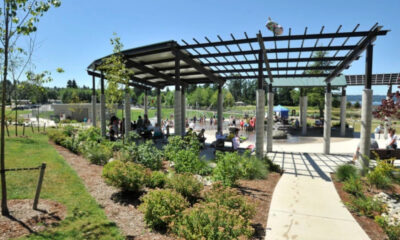 Public park pavilion with a lattice roof and concrete pillars, people sitting and walking on a sunny day in the background.