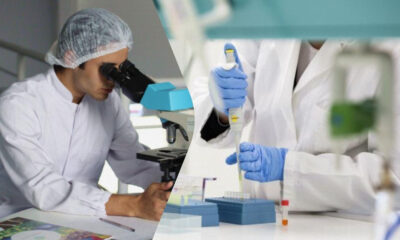 Two scientists in white lab coats work in a split-view: one looks through a microscope, the other uses a pipette to transfer liquid.